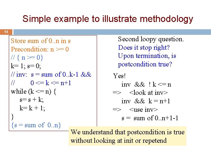 Simple example to illustrate methodology 14 Second loopy question. Store sum of 0. .
