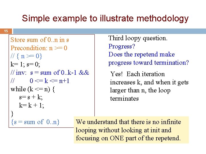 Simple example to illustrate methodology 15 Third loopy question. Store sum of 0. .