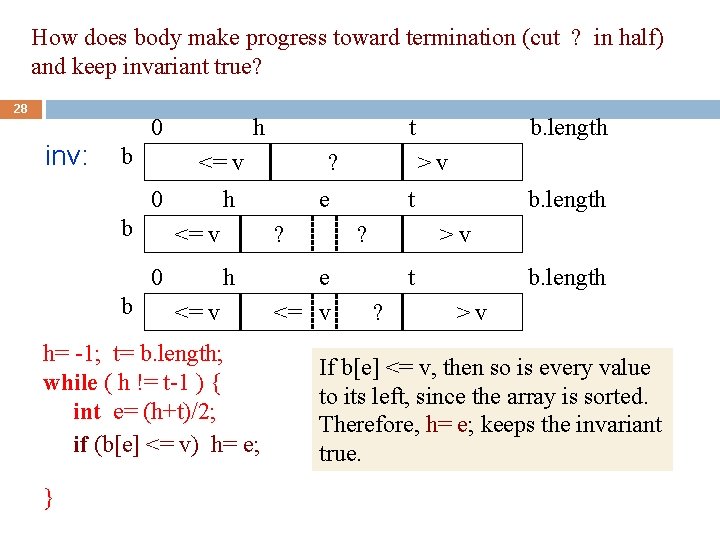 How does body make progress toward termination (cut ? in half) and keep invariant