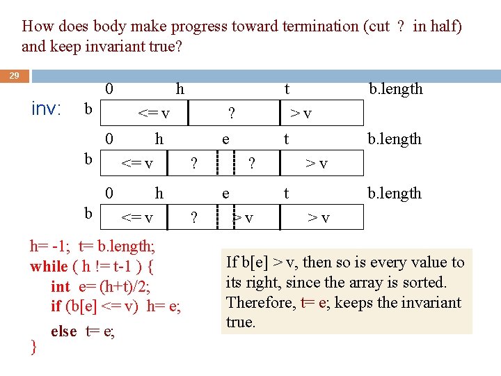 How does body make progress toward termination (cut ? in half) and keep invariant