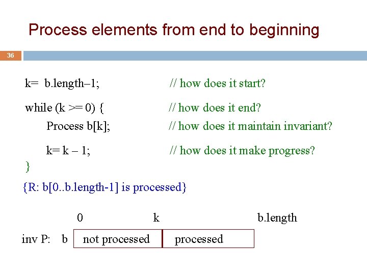 Process elements from end to beginning 36 k= b. length– 1; // how does