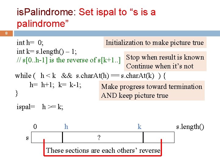 is. Palindrome: Set ispal to “s is a palindrome” 8 int h= 0; Initialization