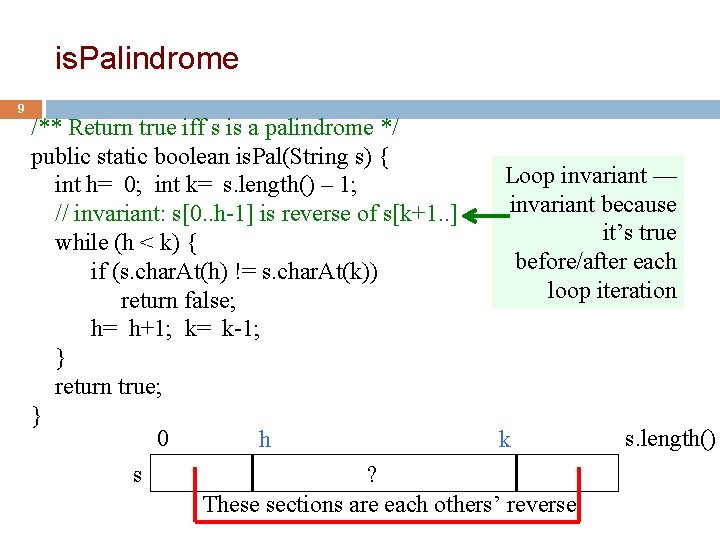is. Palindrome 9 /** Return true iff s is a palindrome */ public static
