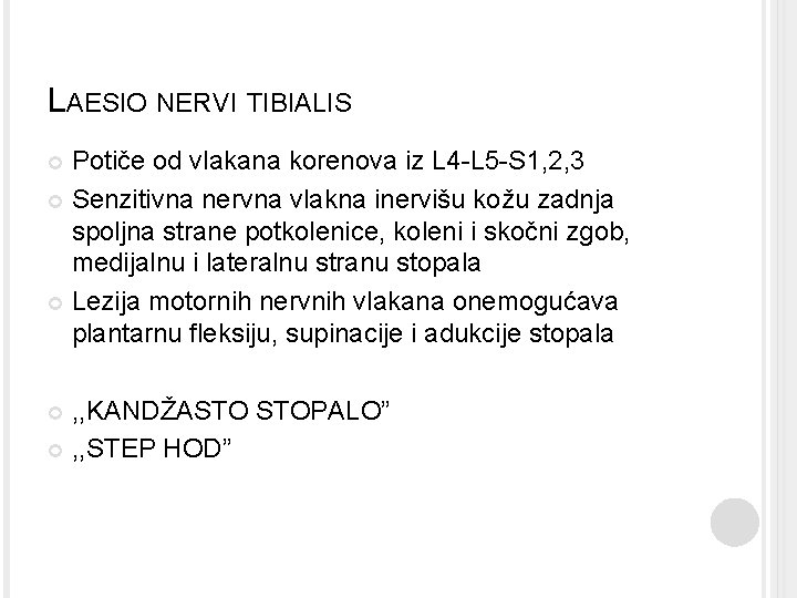 LAESIO NERVI TIBIALIS Potiče od vlakana korenova iz L 4 -L 5 -S 1,