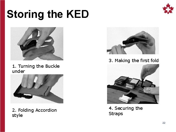Storing the KED 3. Making the first fold 1. Turning the Buckle under 2.