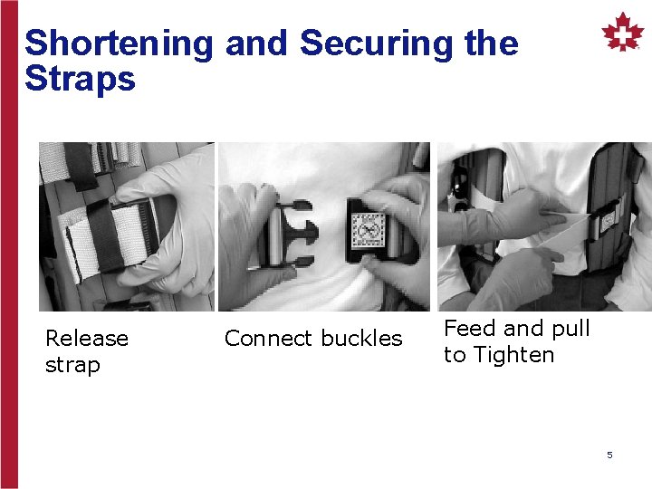 Shortening and Securing the Straps Release strap Connect buckles Feed and pull to Tighten