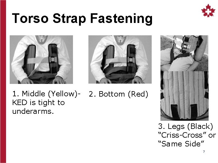 Torso Strap Fastening 1. Middle (Yellow)KED is tight to underarms. 2. Bottom (Red) 3.