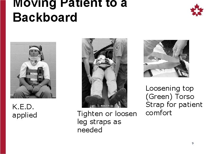 Moving Patient to a Backboard K. E. D. applied Tighten or loosen leg straps