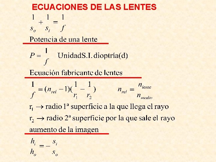 ECUACIONES DE LAS LENTES ECUACIONES DE LAS LENTES