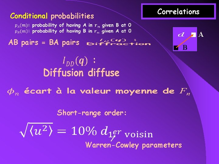 Correlations Conditional probabilities AB pairs = BA pairs Short-range order: Warren-Cowley parameters B A