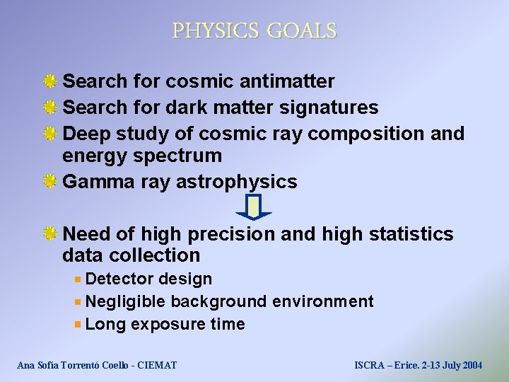 PHYSICS GOALS Search for cosmic antimatter Search for dark matter signatures Deep study of PHYSICS GOALS Search for cosmic antimatter Search for dark matter signatures Deep study of