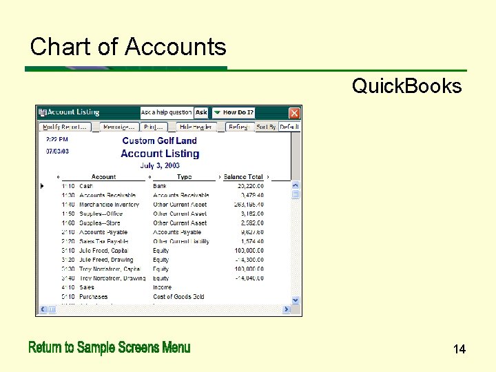 Chart of Accounts Quick. Books 14 