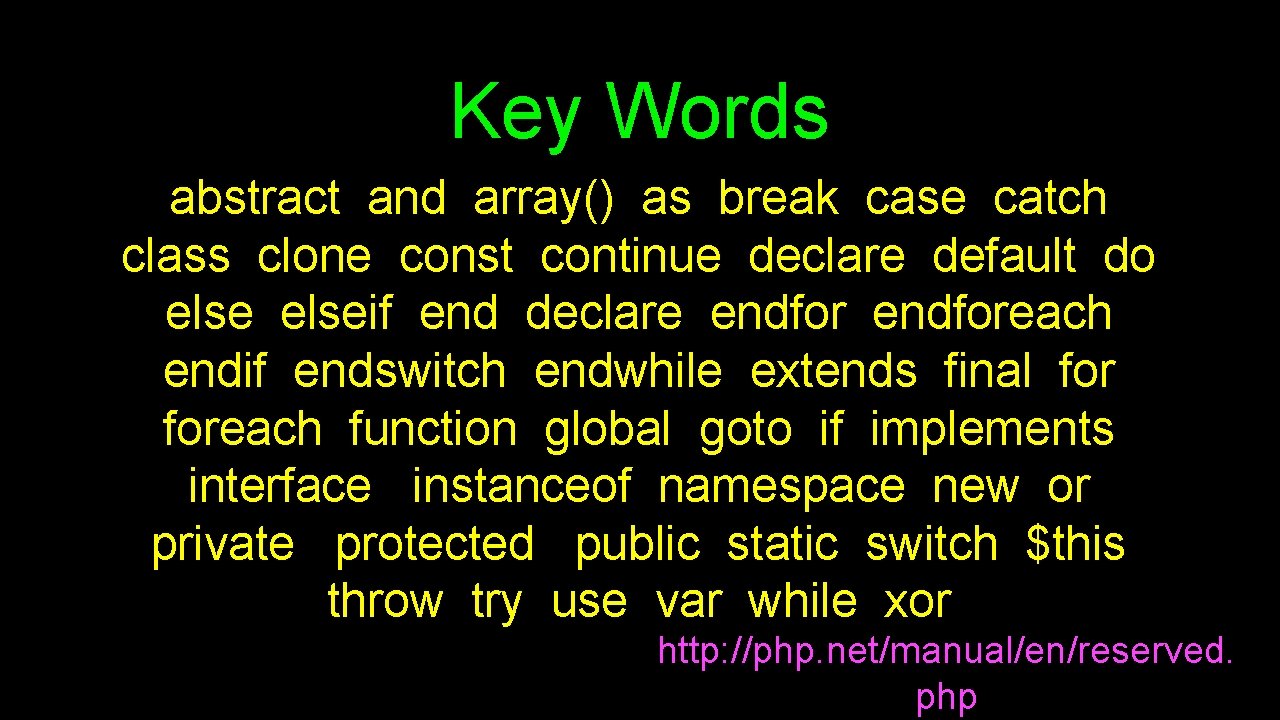 Key Words abstract and array() as break case catch class clone const continue declare