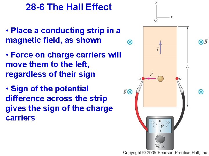 28 -6 The Hall Effect • Place a conducting strip in a magnetic field,