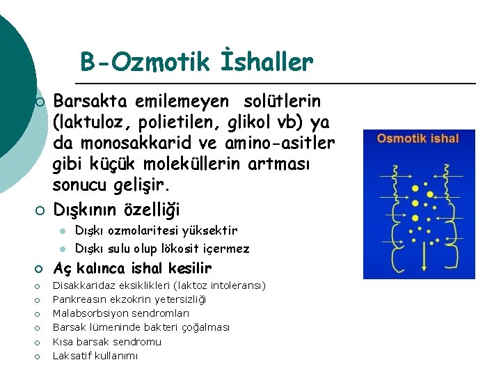 B-Ozmotik İshaller ¡ ¡ Barsakta emilemeyen solütlerin (laktuloz, polietilen, glikol vb) ya da monosakkarid