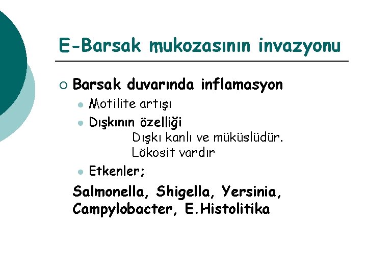 E-Barsak mukozasının invazyonu ¡ Barsak duvarında inflamasyon l l l Motilite artışı Dışkının özelliği