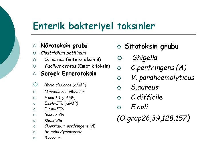 Enterik bakteriyel toksinler ¡ Nörotoksin grubu ¡ Clostridium botilinum S. aureus (Enterotoksin B) Bacillus