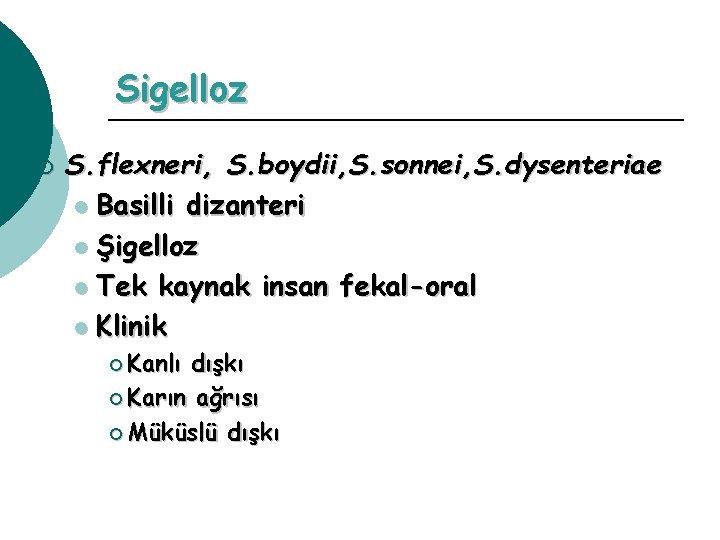 Sigelloz ¡ S. flexneri, S. boydii, S. sonnei, S. dysenteriae l Basilli dizanteri l