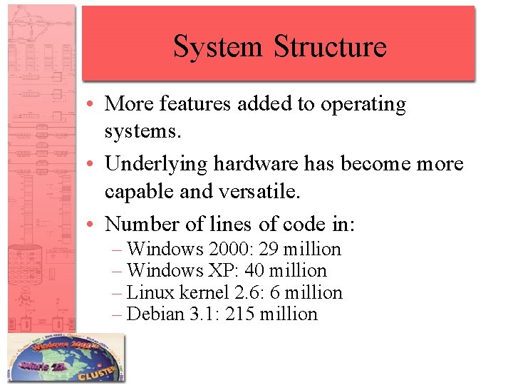 System Structure • More features added to operating systems. • Underlying hardware has become