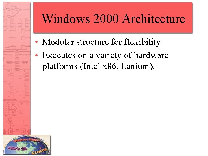 Windows 2000 Architecture • Modular structure for flexibility • Executes on a variety of