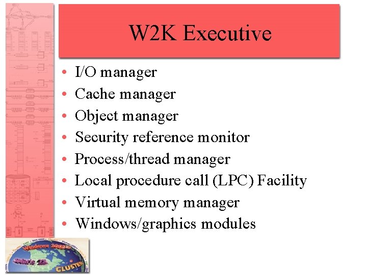 W 2 K Executive • • I/O manager Cache manager Object manager Security reference