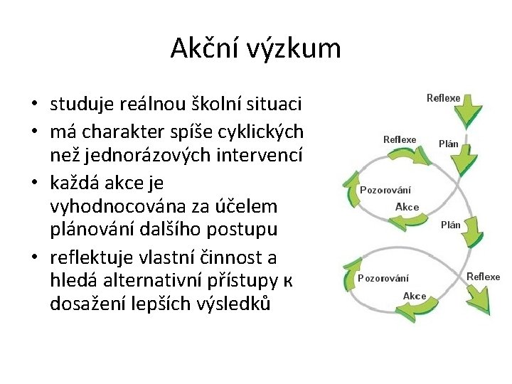 Akční výzkum • studuje reálnou školní situaci • má charakter spíše cyklických než jednorázových