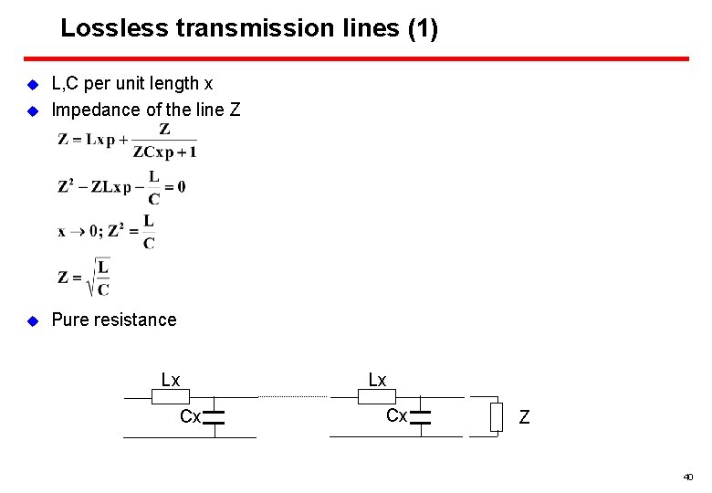 Lossless transmission lines (1) u L, C per unit length x Impedance of the