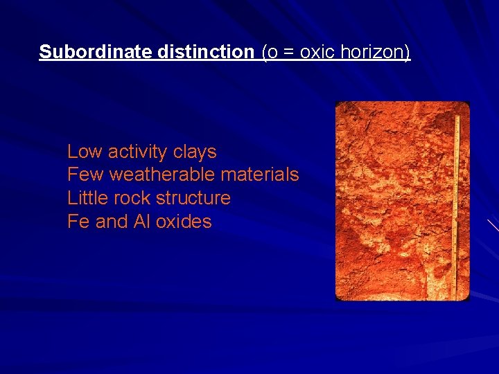 Subordinate distinction (o = oxic horizon) Low activity clays Few weatherable materials Little rock