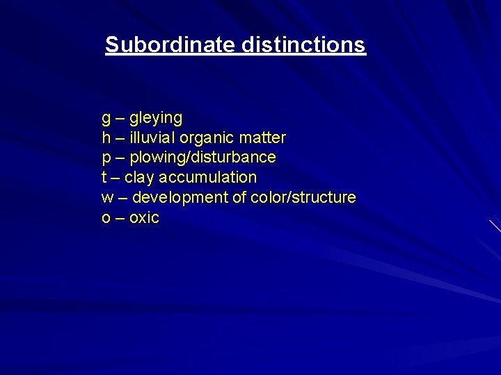 Subordinate distinctions g – gleying h – illuvial organic matter p – plowing/disturbance t