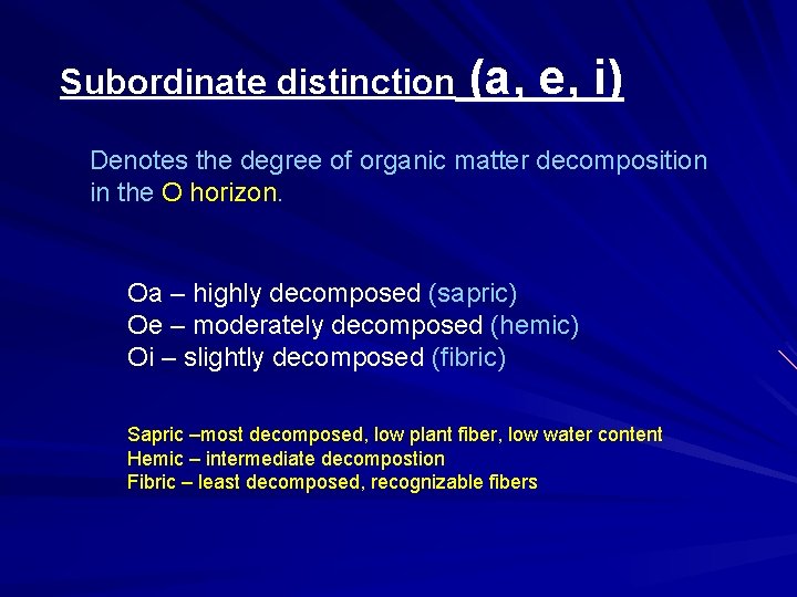 Subordinate distinction (a, e, i) Denotes the degree of organic matter decomposition in the