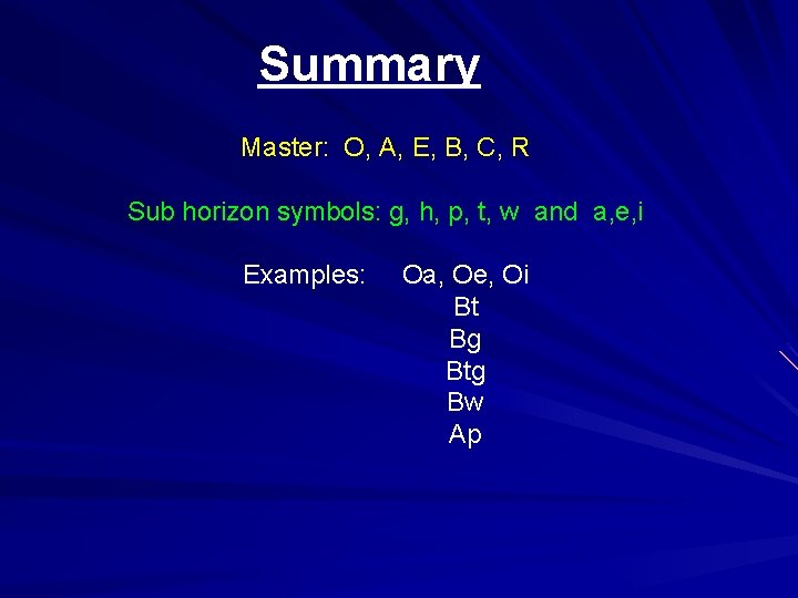 Summary Master: O, A, E, B, C, R Sub horizon symbols: g, h, p,