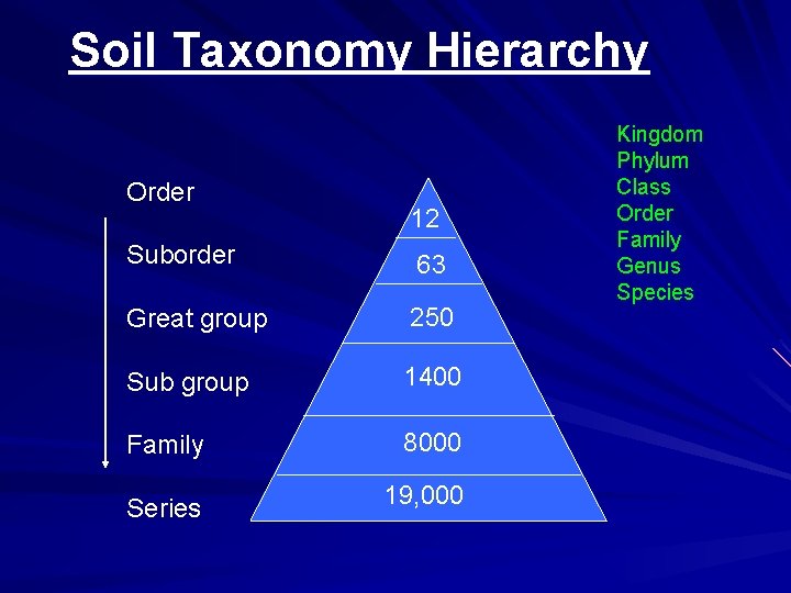 Soil Taxonomy Hierarchy Order 12 Suborder 63 Great group 250 Sub group 1400 Family