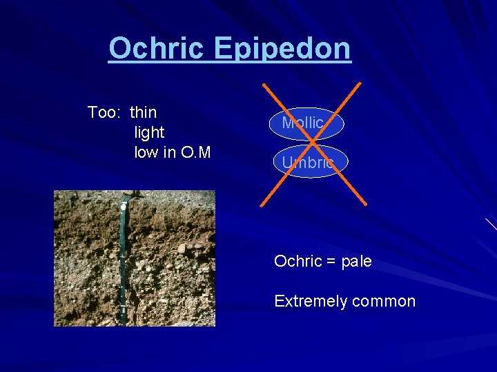 Ochric Epipedon Too: thin light low in O. M Mollic Umbric Ochric = pale