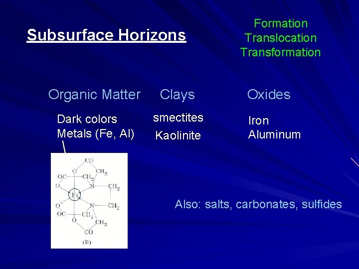 Subsurface Horizons Organic Matter Clays Dark colors Metals (Fe, Al) smectites Kaolinite Formation Translocation