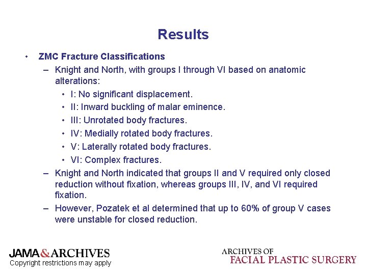 Results • ZMC Fracture Classifications – Knight and North, with groups I through VI