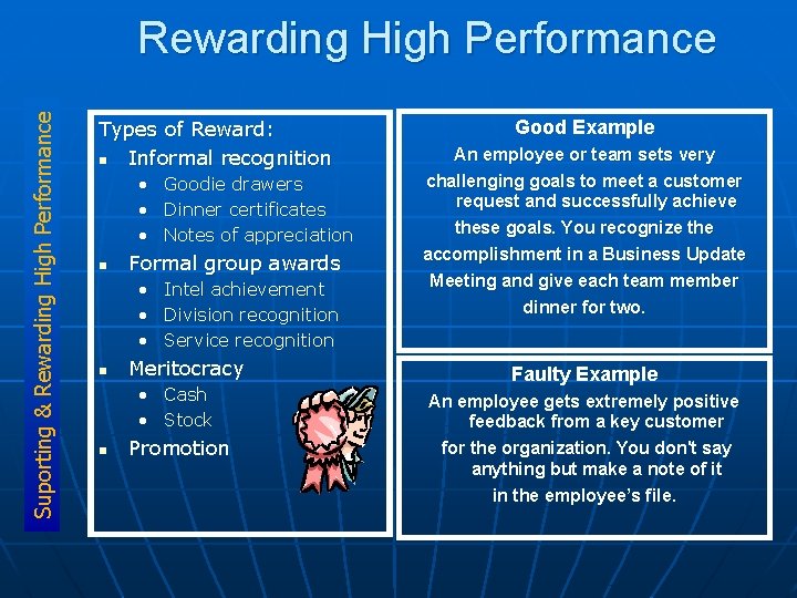 Suporting & Rewarding High Performance Types of Reward: n Informal recognition • Goodie drawers