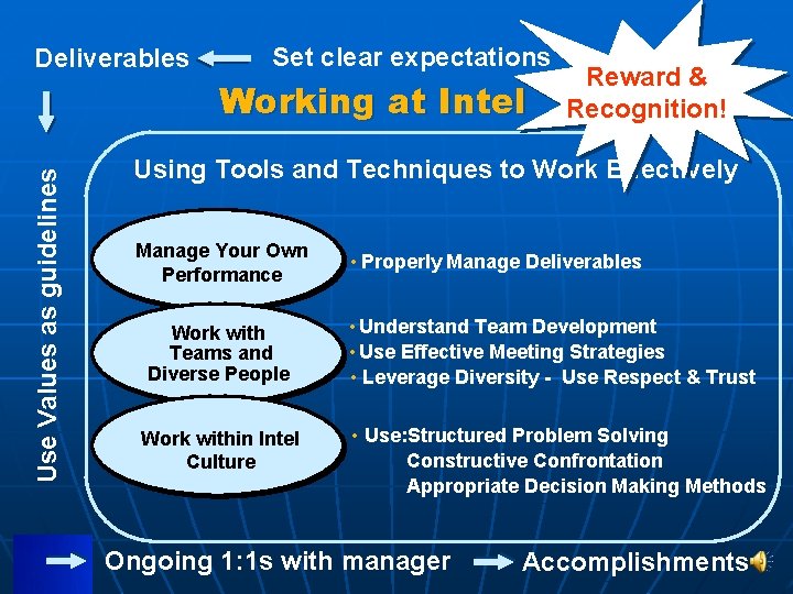 Deliverables Set clear expectations Use Values as guidelines Working at Intel Reward & Recognition!