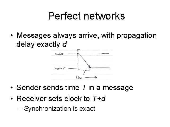 Perfect networks • Messages always arrive, with propagation delay exactly d • Sender sends