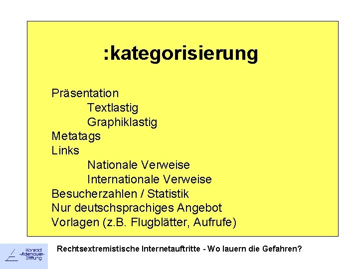 : kategorisierung Präsentation Textlastig Graphiklastig Metatags Links Nationale Verweise Internationale Verweise Besucherzahlen / Statistik