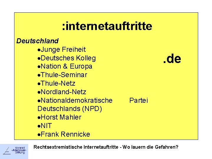 : internetauftritte Deutschland ·Junge Freiheit ·Deutsches Kolleg ·Nation & Europa ·Thule-Seminar ·Thule-Netz ·Nordland-Netz ·Nationaldemokratische