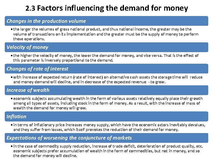 2. 3 Factors influencing the demand for money Changes in the production volume •