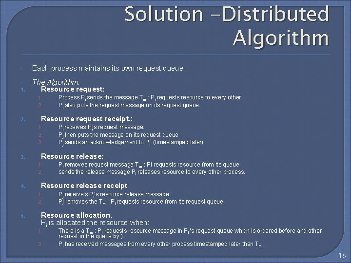 Solution -Distributed Algorithm Each process maintains its own request queue: 1. The Algorithm: Resource