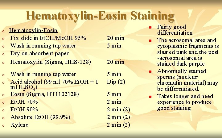 Hematoxylin-Eosin Staining o o o Hematoxylin-Eosin Fix slide in Et. OH/Me. OH 95% Wash