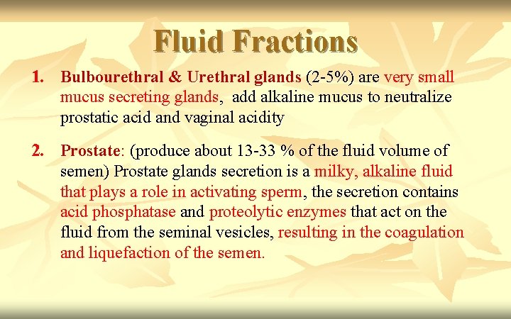 Fluid Fractions 1. Bulbourethral & Urethral glands (2 -5%) are very small mucus secreting