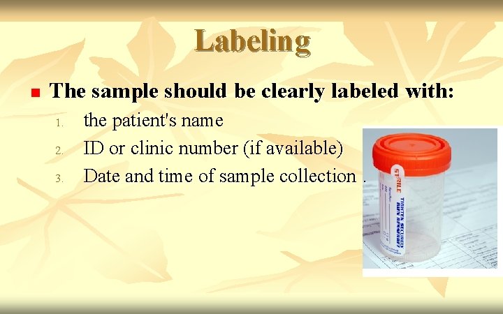 Labeling n The sample should be clearly labeled with: 1. 2. 3. the patient's