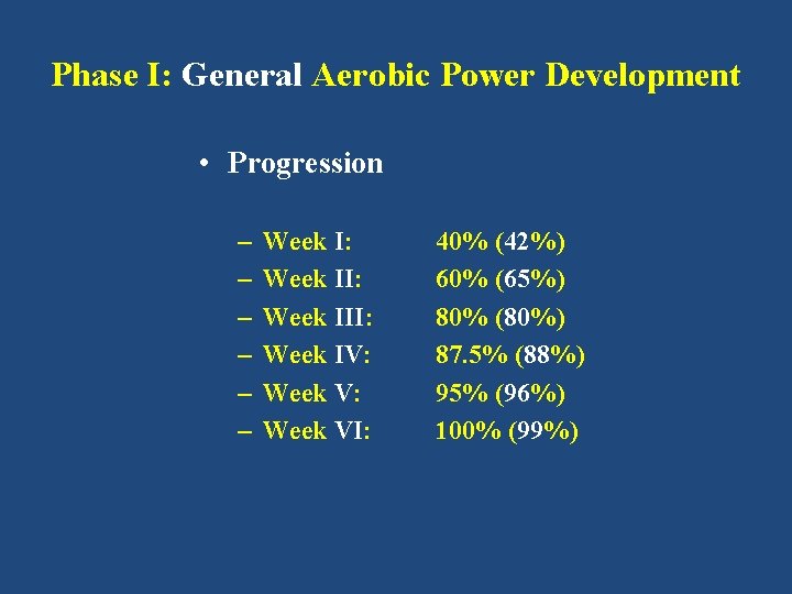 Phase I: General Aerobic Power Development • Progression – – – Week I: Week