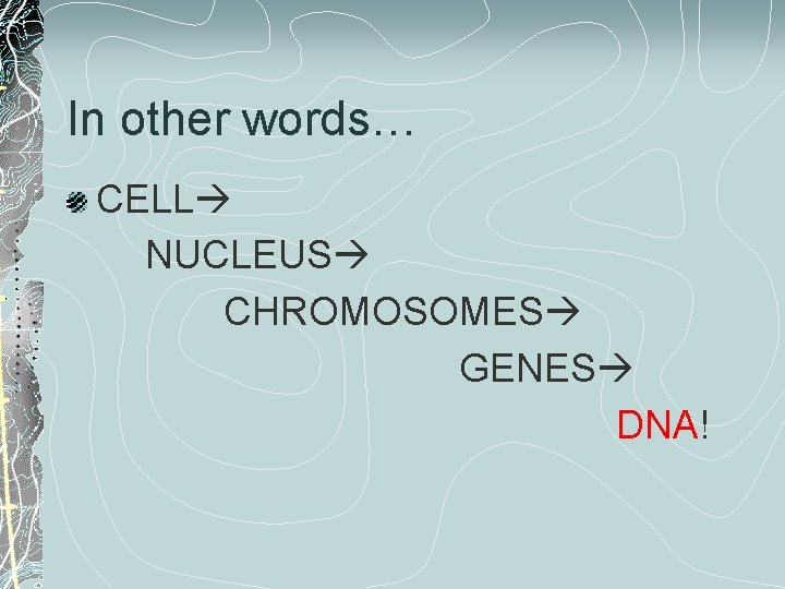 In other words… CELL NUCLEUS CHROMOSOMES GENES DNA! 