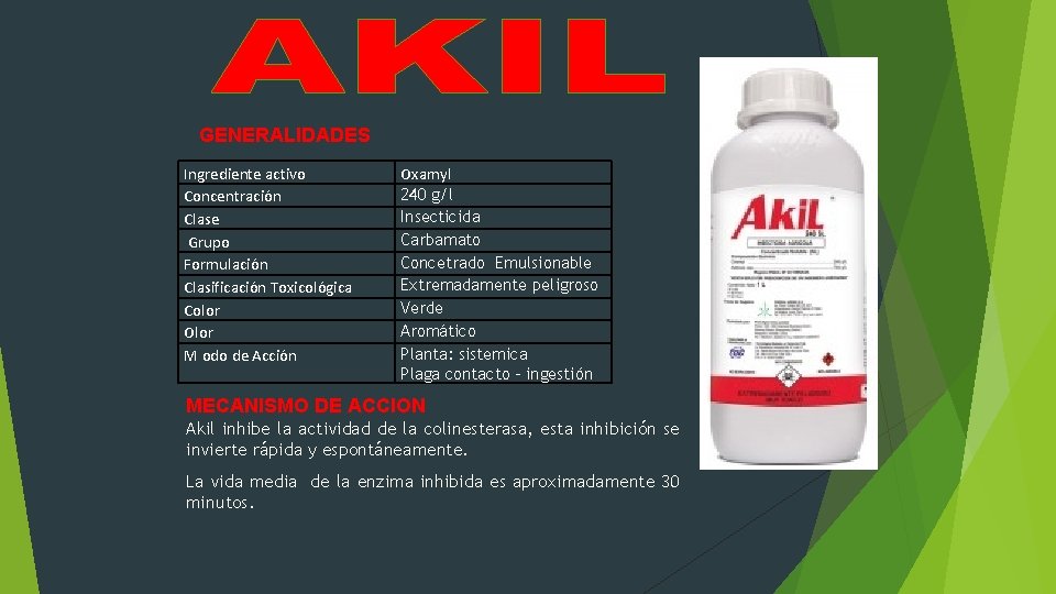 GENERALIDADES Ingrediente activo Concentración Clase Grupo Formulación Clasificación Toxicológica Color Olor M odo de