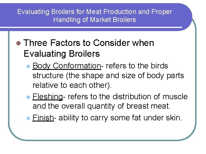 Evaluating Broilers for Meat Production and Proper Handling of Market Broilers l Three Factors