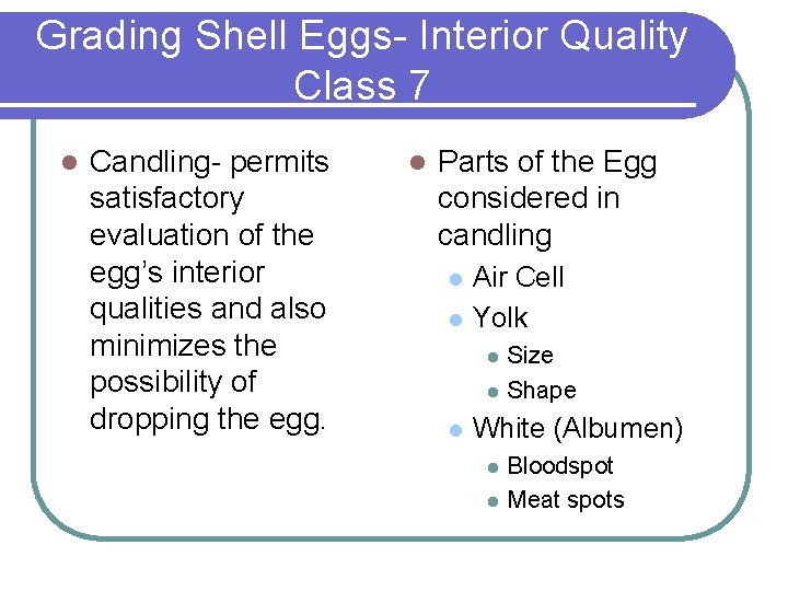 Grading Shell Eggs- Interior Quality Class 7 l Candling- permits satisfactory evaluation of the